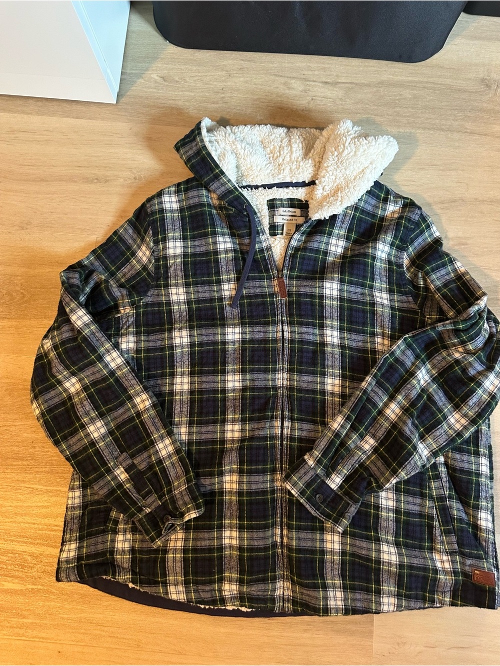 L.L. Bean Navy, Green and White Plaid Sherpa-Lined Hoodie Jacket
